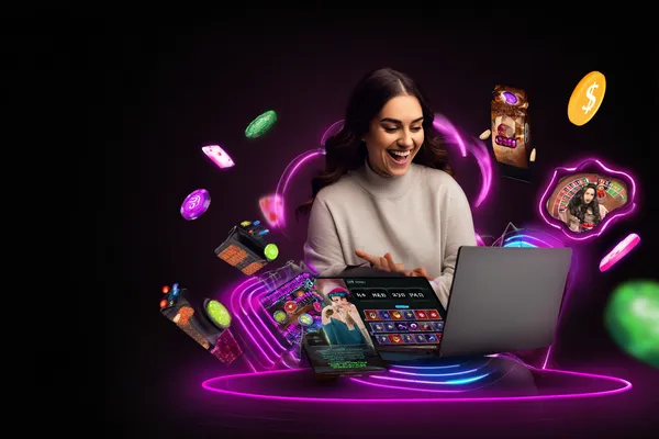 Một người dùng thao tác trên thiết bị trước nền casino huyền ảo, minh họa quá trình truy cập lại tài khoản mượt mà tại F8BEF.